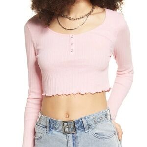 BP. Nordstrom Pink Long Sleeve Henley Crop Top Shirt Scalloped Hem Stretch M